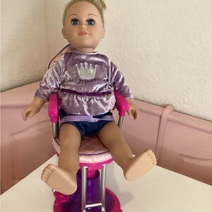 18” blonde blue eyes doll with clothes and pink chair